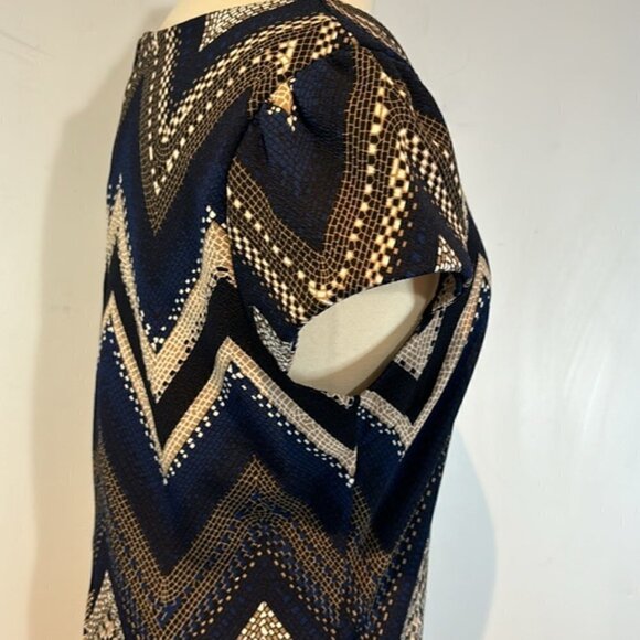 Chevron striped blue/brown/black zip back dress cap sleeves size large - Picture 7 of 10